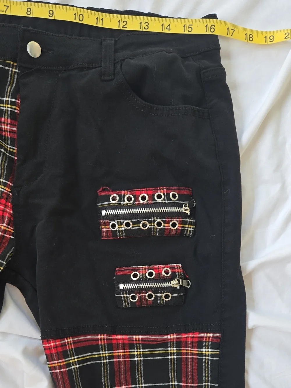 Men's Black Punk Rock Style Jeans With Zippers & Red Squared Patterns In Areas - Picture 6 of 9